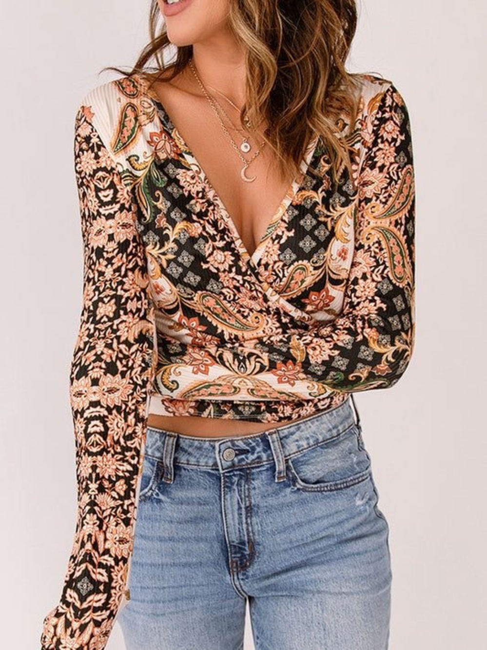 Willow & Root Ribbed Paisley Patchwork Wrap Tie Long Sleeve Top Medium Boho Chic